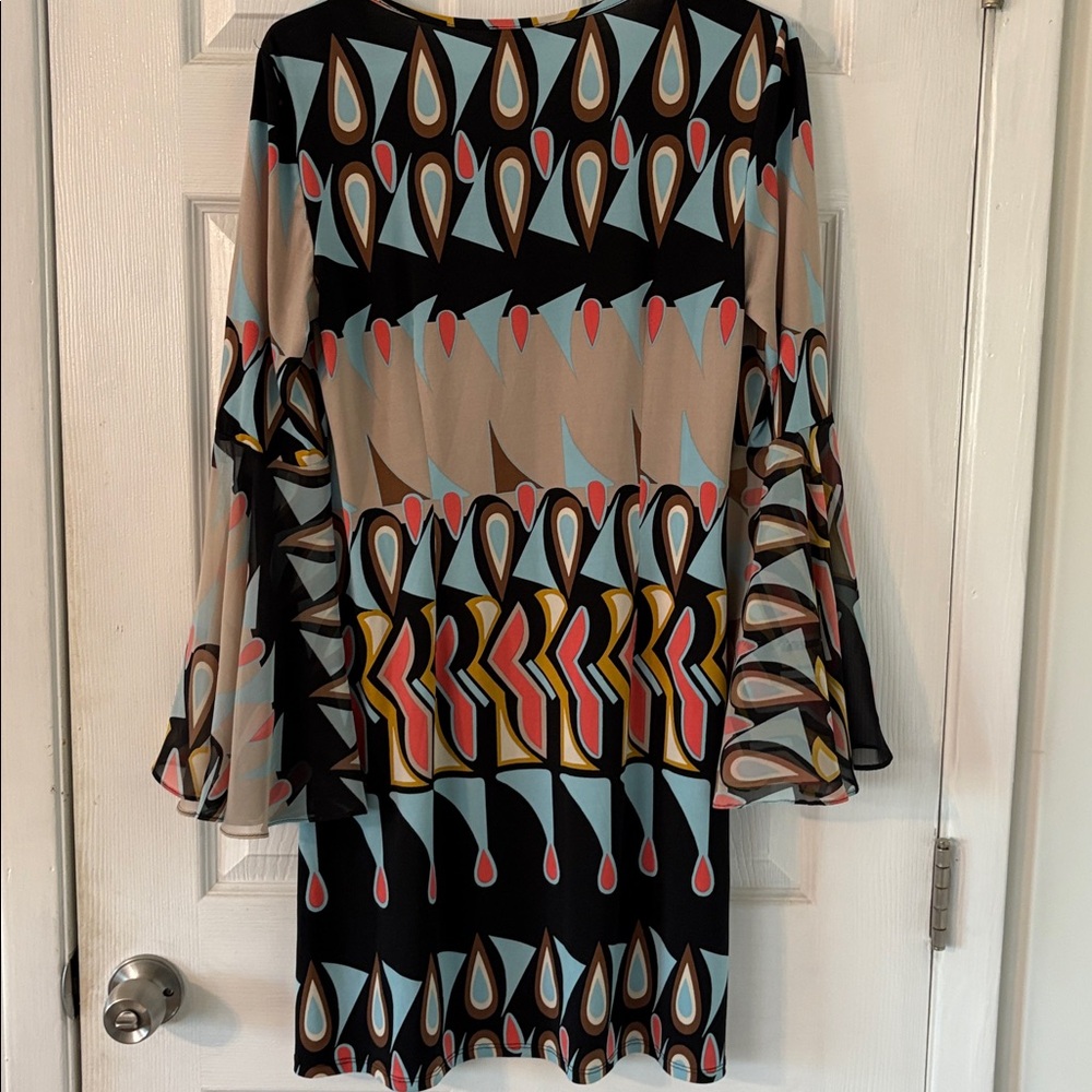 Psychedelic Print Boho Dress Sheer Bell Sleeve Retro Mod Tunic M - Picture 7 of 7